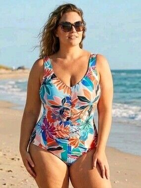 New Maxine Of Hollywood 24W 1-Piece Swimsuit Molded Cups Front Shirring Tropical